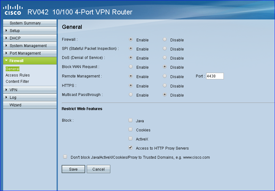 enable firewall on cisco rv042