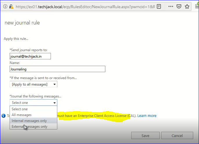 exchange server journaling setup