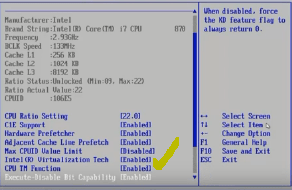 enable Virtualization bios feature