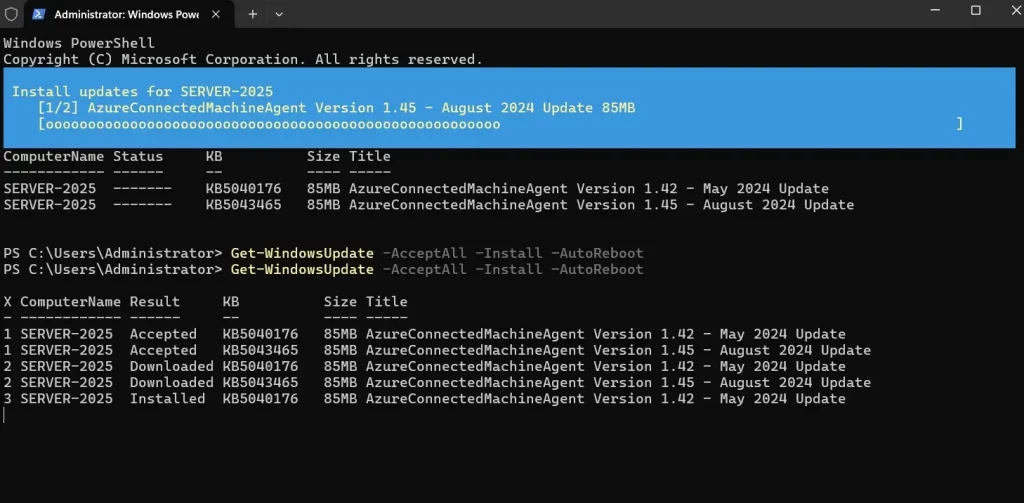 windows update installation powershell