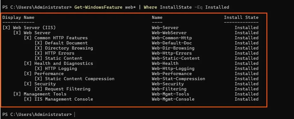 feature installed for web server iis