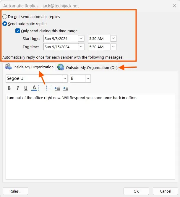 how to setup outlook out of office