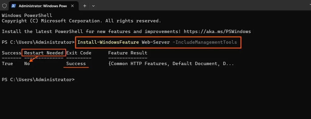 installing iis with powershell