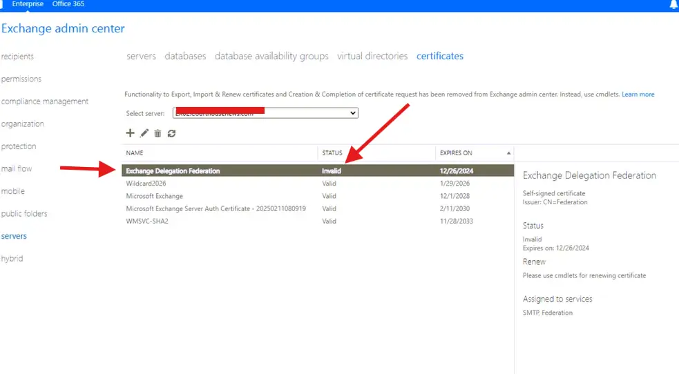 Exchange federation certificate expired